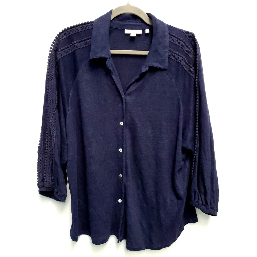Chico's Linen Button Down Top Women Size 3‎ (16-18) Crochet Stretch Knit Navy